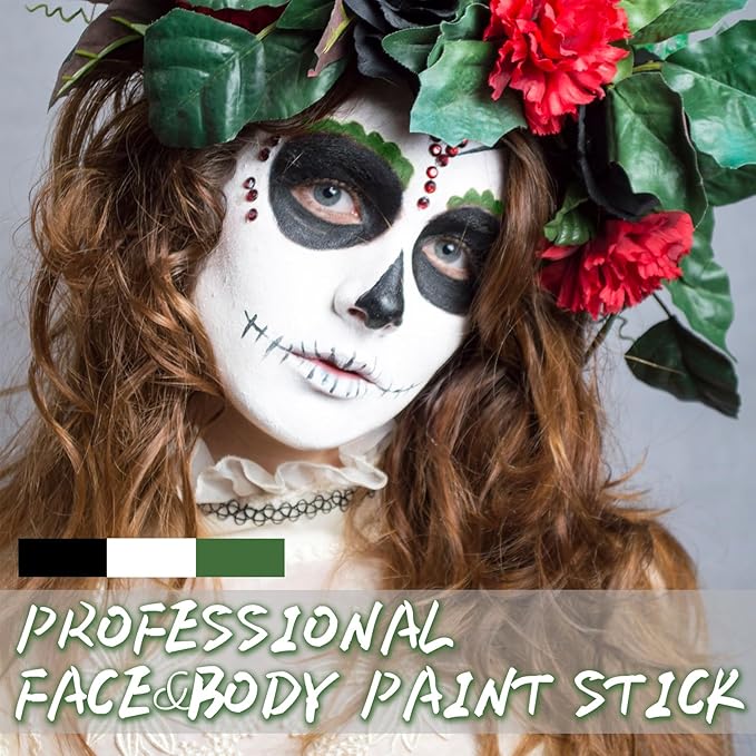 Black & Green & White Face Body Paint Stick, White Foundation Makeup, Football Baseball Eye Black Stick, Professional Halloween Face Makeup Kit for Zombie Clown Vampire Skeleton Witch Joker