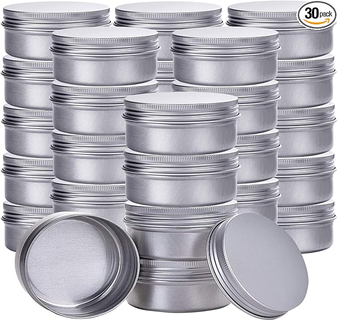 Silver 2 Ounce Aluminum Tin Jar Refillable Containers 60ml Aluminum Screw Lid Round Tin Container Bottle for Cosmetic,Lip Balm, Cream, 30 Pcs
