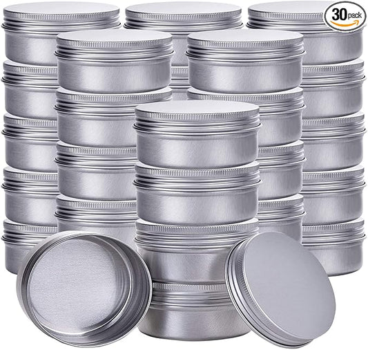 Silver 2 Ounce Aluminum Tin Jar Refillable Containers 60ml Aluminum Screw Lid Round Tin Container Bottle for Cosmetic,Lip Balm, Cream, 30 Pcs