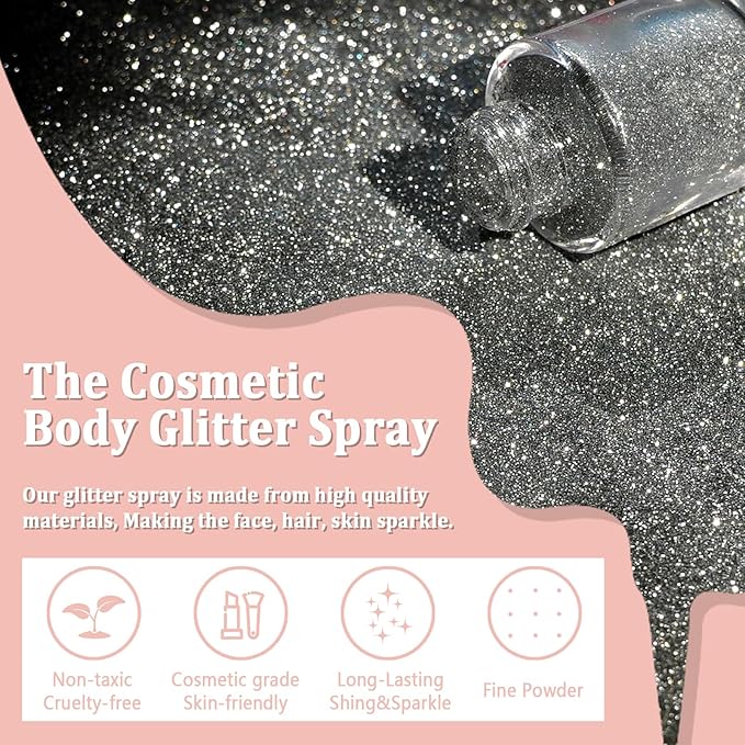 Boko Body Glitter Spray, Silver Glitter Spray for Sparkling Body Face Hair Nail Clothes, Hair Glitter Spray Body Shimmer Powder for Highlighter Makeup Festival Concert Party Rave Accessories