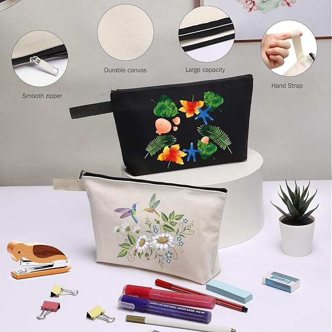 10 Pieces Cotton Canvas Makeup Bag with Bottom, Multi-Purpose Cosmetic Bag with Zipper Travel Toiletry Pouch, Blank DIY Craft Bag Pencil Bag (M, Black), MN-WB07