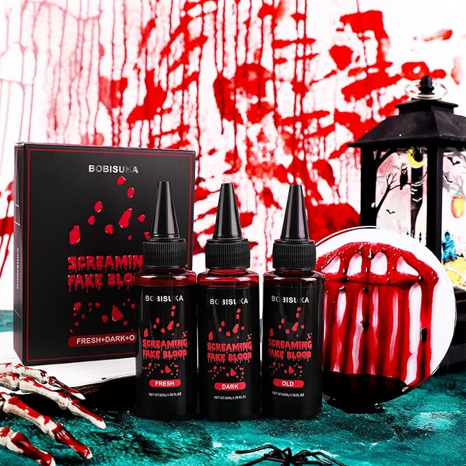 BOBISUKA 3PCS Halloween Fake Blood Kit, Fresh/Dark/Old Washable Realistic Liquid Dripping Stage Blood for SFX Makeup, Cosplay, Party, Horror Film