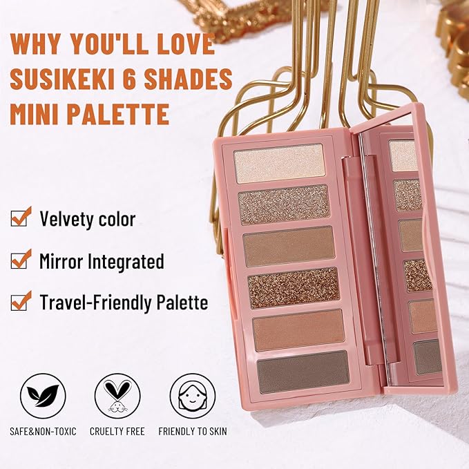 6 Colors Mini Eyeshadow Makeup Palette Caramel & Bronzed Neutral Tone Eye Shadow Matte & Shimmer Nude Make Up Pallet with Mirror Blendable Highly Pigmented Travel Size Gift Kit 05