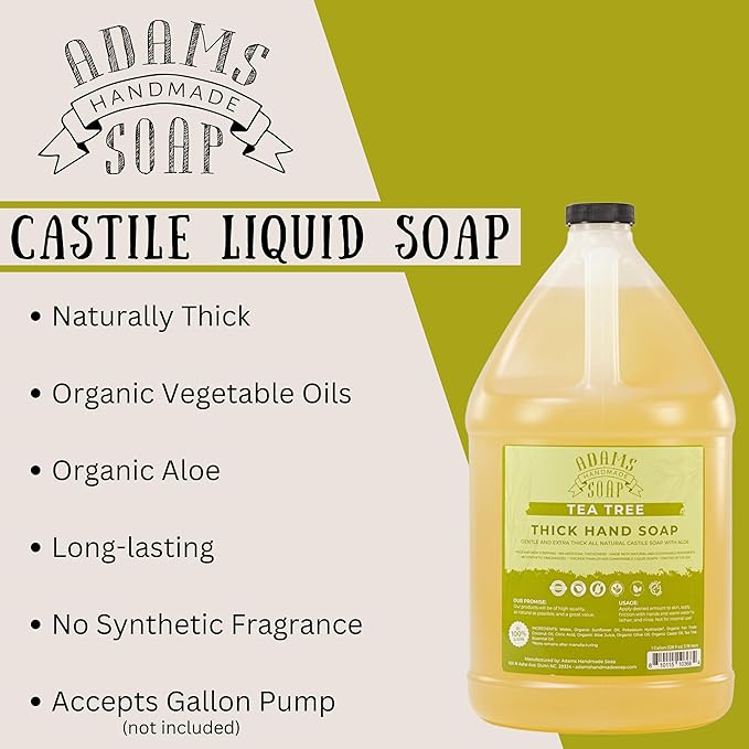 Adams Handmade Soap Thick Organic Castile Liquid Hand Soap 1 Gallon Refill - Tea Tree (Pack of 4)