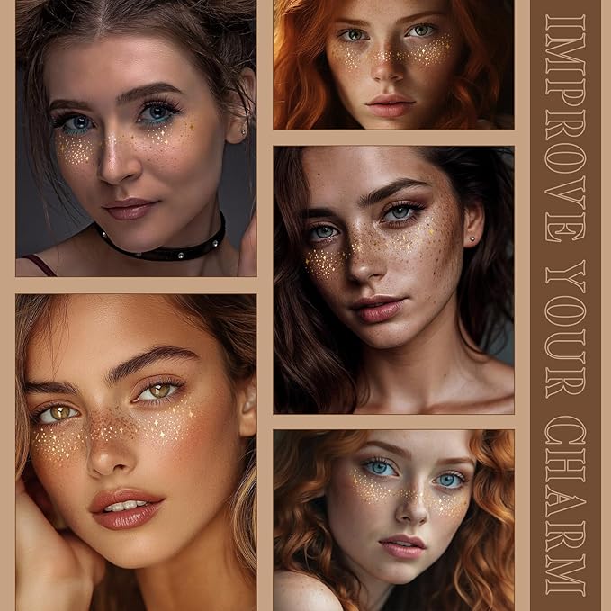 Glitter Freckles Face Tattoo Makeup Patches - 6 Sheets Gold Star Fake Freckles Makeup Accessories for Women Singer Dancer Rave Party
