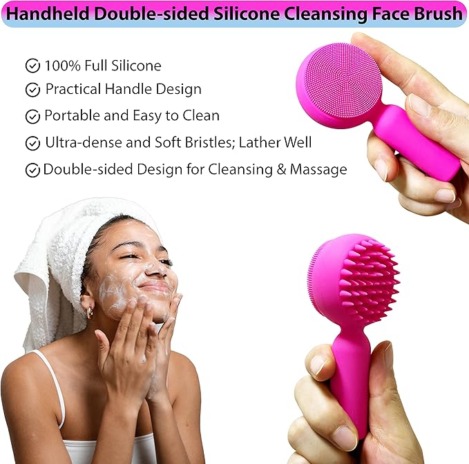 2 PC Silicone Facial Cleansing Brush 2 in 1 Facial Scrubber Manual Exfoliating Facial Brush Face Cleanser Face Exfoliator Ultrafine Bristles for Sensitive Skin Easy to Clean Lather Well(Blue&Rosered)
