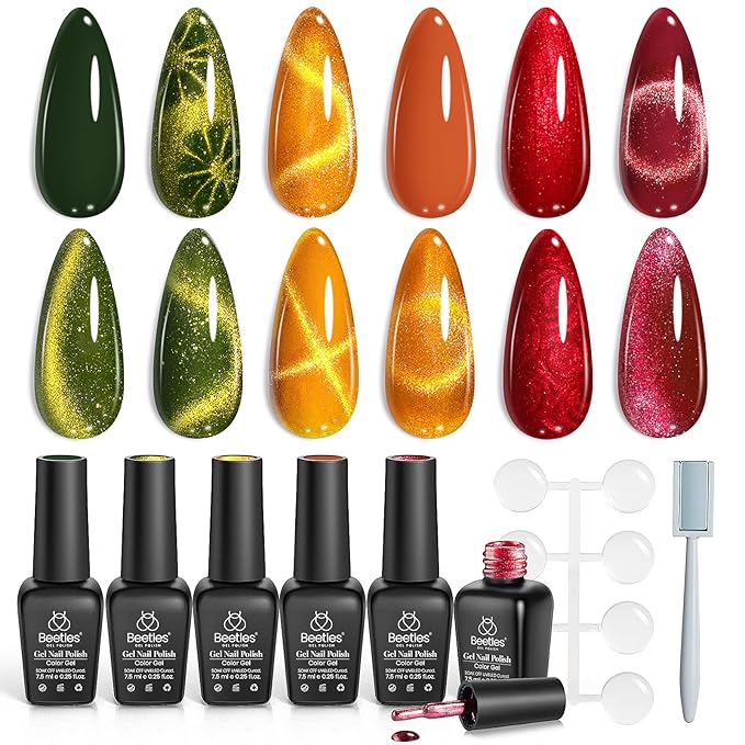 Beetles Cat Eye Gel Nail Polish Set, 6 Colors Red Burgundy Gel Olive Green Cat Eye and Pearl Nail Polish with Magnet Soak Off LED Nail Art Kit DIY Salon at Home Winter Gifts for Women