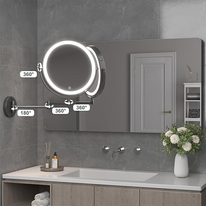 Hasipu 8.5-Inch Wall Mounted Makeup Mirror with Magnification, Rechargeable 2000 mAh Vanity Mirror with Lights, Bathroom Mirror with Dimmable Brightness, 3 Lighting Modes, Extendable Arm, Black