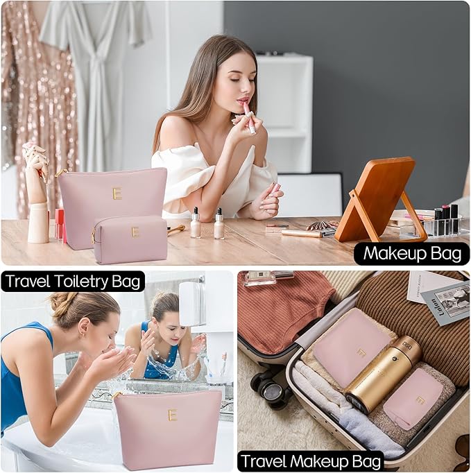 Women Gifts | Initial Makeup Bag Set for Girl Personalized Gifts for Bridesmaid Friend Graduation Teachers PU Leather Cosmetic Travel Toiletry Bag(Pink,E)