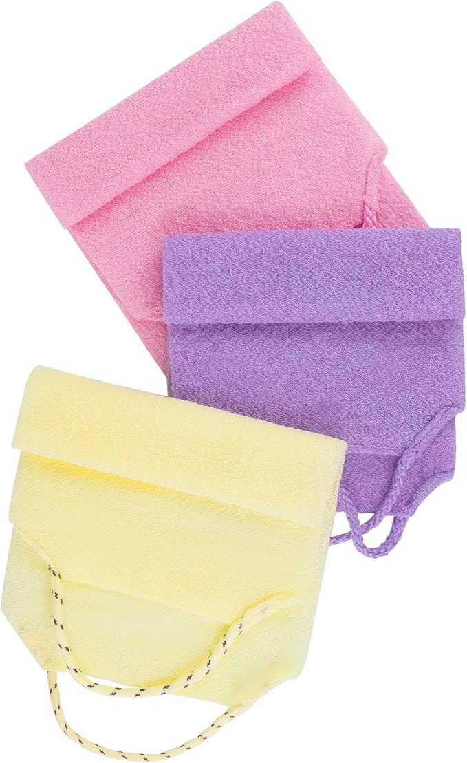 3 Pcs Double-Sided Back Exfoliator Body Scrub Towel, Exfoliating Back Scrubber with Handles,Exfoliating Washcloth Bath Tool in Shower, Stretchable Back Washer to Deep Cleans Skin (Beige,Pink,Purple)