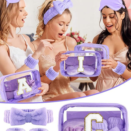 Gift Sets for Women, Initial Makeup Bag with Makeup Brush Set Bachelorette Party Favors, Purple Spa Kit with Skincare Headbands Wrist Bands Sleepover Party Supplies Gifts for Teen Girls Bridesmaid C