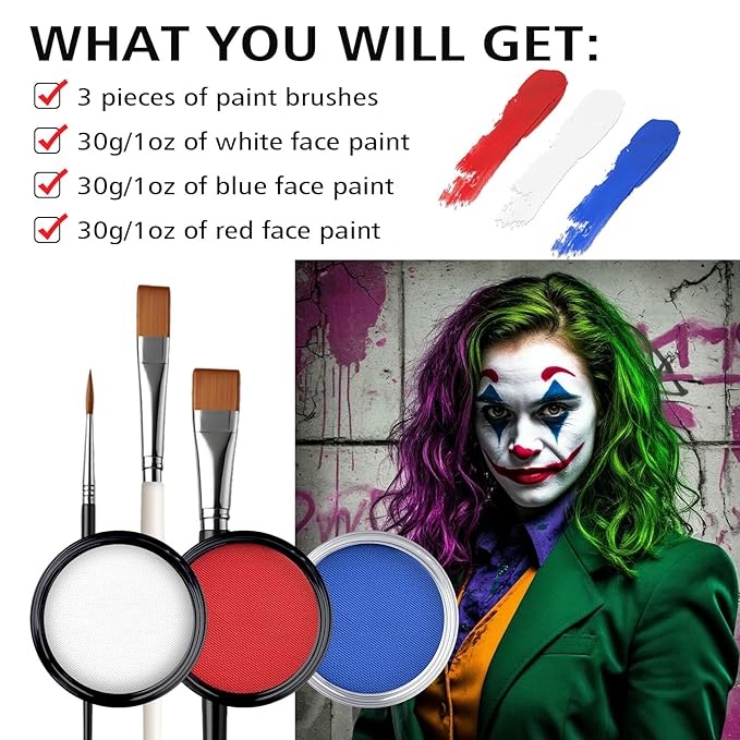 Water-Based Red White Blue Patriotic Face Body Paint Kit with Brushes for 4th of July, Halloween Cosplay and Sports Events