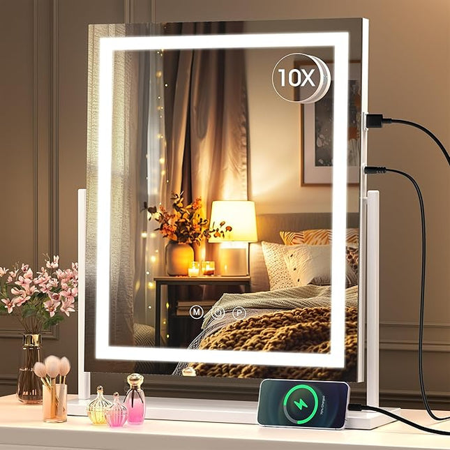 Hasipu LED Vanity Mirror 16" x20” - Smart Touch Makeup Mirror with 3-Color Lighting, Brightness Control, 10X Magnifying Glass & 360° Rotation