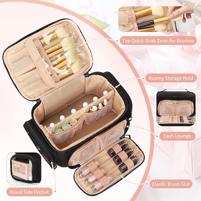 OCHEAL Makeup Bag,Travel Makeup Organizer Bag for Women with Zipper Pouch and Side Pocket, Multifunctional Compartments and Dividers,Toiletry Make up Case for Toiletries, Brushes & Beauty Tools-Black