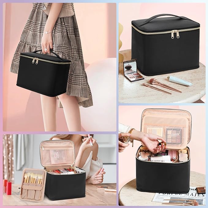 OCHEAL Travel Makeup Bag, Large Make up Bag Organizer Cosmetic Case with Detachable Brush Divider and Multi-purpose Comparement,Waterproof Portable for Toiletry Accessories Makeup Tools-Black