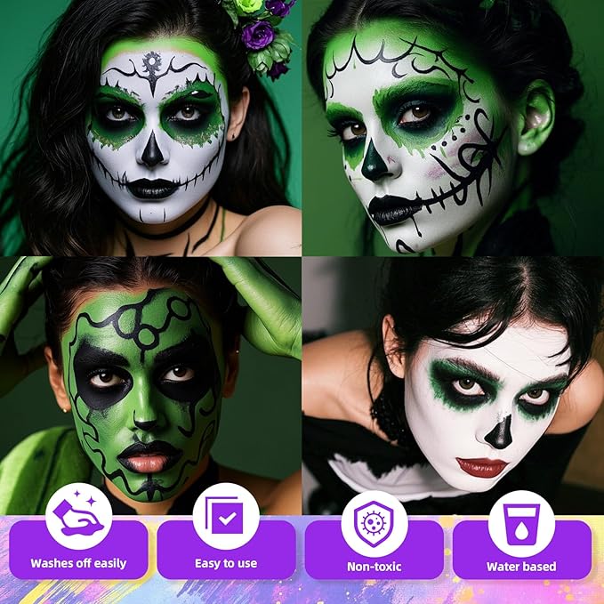 3Pcs Face Body Paint, Professional Paint for Halloween Cosplay Costume Party, Full-coverage Multi-Color Cream Makeup Body Paint for Adult Halloween Cosplay SFX Makeup Paint (Black+Green+White)