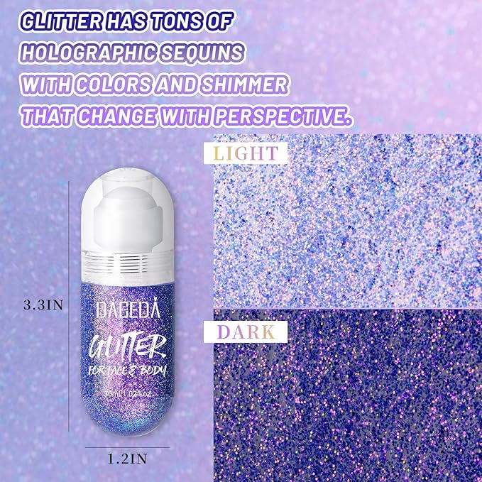 DAGEDA Body Glitter Gel, Roll-on Face Glitter for Mermaid Makeup Festival Rave Accessories, Holographic Hair Glitter Gel,Body Shimmer Halloween Makeup for Rave Party(Crazy Purple)