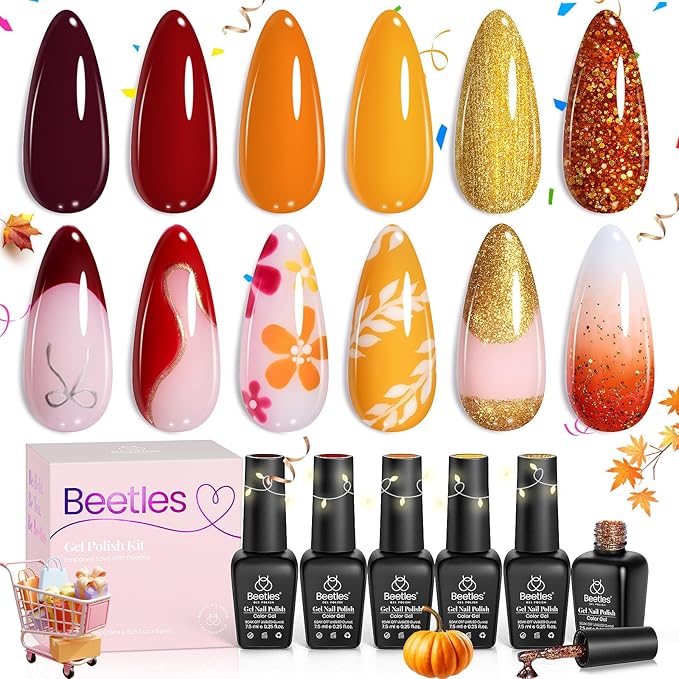 Beetles Fall Gel Nail Polish Set 6 Colors Gel Polish Red Orange Brown Gold Glitter Kit DIY Home Nail Art Manicure Kits Gifts for Women Golden Blessing