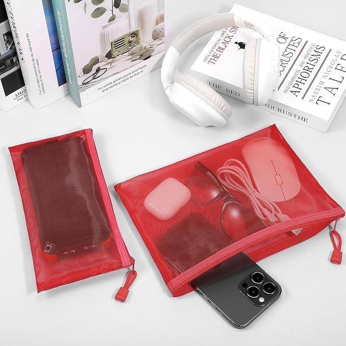 12 Pieces Zipper Nylon Mesh Pouch, Mesh Cosmetic Bags Makeup Bags Pencil Case, Multipurpose Travel Bags for Cosmetic School Office Supplies and Travel Accessories (Red, A5+B6)