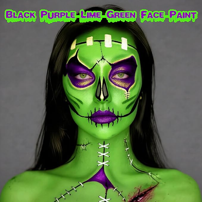 Black Purple Lime Green Face Paint,1.01oz/pc Water-Based Body Paint,Halloween Cosplay SFX Makeup Kit, Face Painting for Zombie,Frankenstein,Ghost Costume