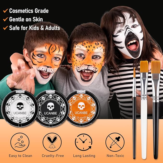 White Foundation + Black Orange Face Body Paint with Brushes for Halloween Pumpkin Clown Makeup, Non Toxic Face Painting Kit Facepaints Set for Kids Adults Party Scarecrow Tiger SFX Cosplay Make Up