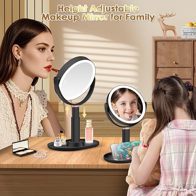 MIYADIVA Makeup Mirror with Lights, 30X/1X Magnifying Mirror with Digital Display, Height Adjustable Desk Mirror, Detachable for Travel, Vanity Mirror with Phone Holders and Tweezers, Black