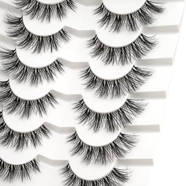 Happy Heartbeat 3D Clear Band Lashes 14mm Natural Soft Faux Mink Lashes C/D Curl Cat Eye Wispy Fake Eyelashes Short Cross Reusable False EyeLashes 7 Pairs (No.199)