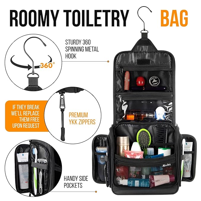 Travel Toiletry Bag for Men and Women - (10.6”x10.6”x3.2”) Large Hanging Toiletry Organizer - Waterproof Hygiene Bag with Metal XXL Swivel Hook, with Sturdy Zippers and 19 Compartments for Toiletries