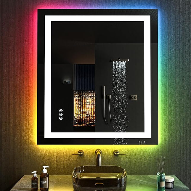 LOAAO 32”X36“ RGB LED Bathroom Mirror with Lights, Large, Anti-Fog, Dimmable Smart Lighted Bathroom Vanity Mirror, Multiple Light Modes, RGB Backlit + Front Light, Memory Function, Tempered Glass
