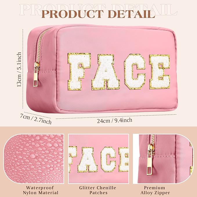 Cunno 4 Pcs Preppy Makeup Bags Chenille Letter Stuff Bag Nylon Cosmetic Pouch Cases with Zipper for Women Travel Toiletry