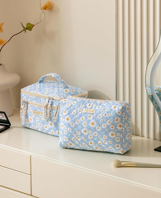 HBselect 2Pcs Travel Makeup Bag, Large Cotton Quilted Makeup Bag Cosmetic Bag Cute Make up Bag Toiletry Bags for Women Girls