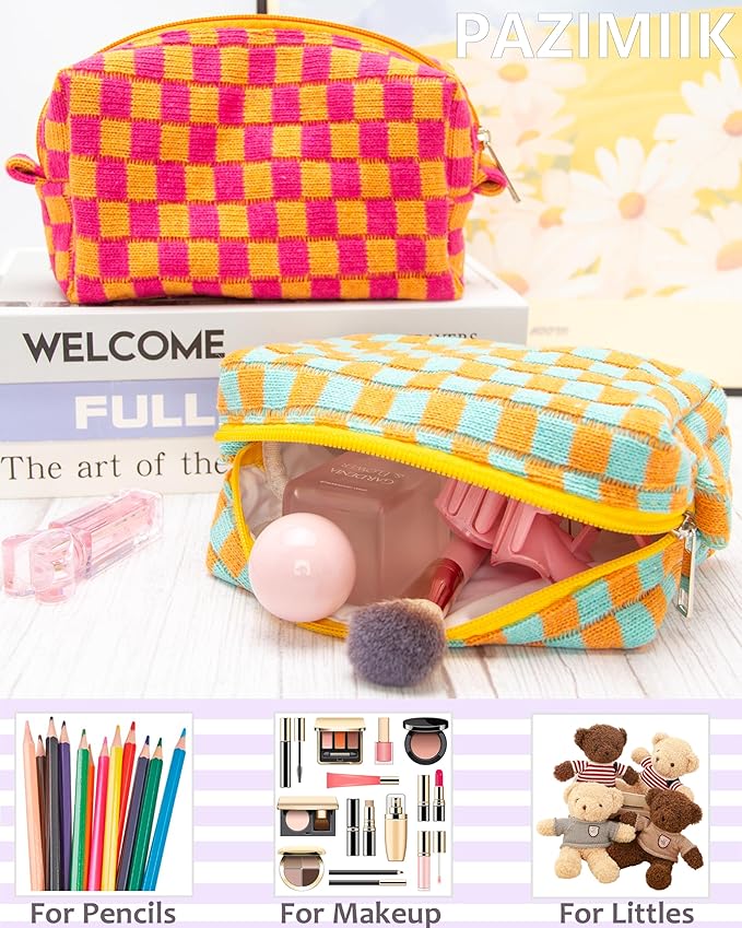 PAZIMIIK Checkered Makeup Bag for Purse Portable Zipper Make Up Pouch Small Cosmetic Case for Travel Accessories Orange Green