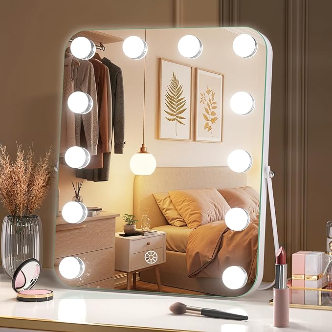 MINISO Vanity Mirror with Lights - 11.4" x 13.8" Hollywood Makeup Mirror with Adjustable Brightness,3 Modes Light, 360°Rotation