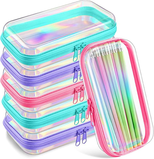 Sanwuta 6 Pcs Clear Hard Zipper Case Pencil Pouches Hard Plastic Zipper Pouches Makeup Bag Transparent Cases for Snacks Plastic Storage Organizer Box for Travel(Holographic,7.48 x 3.94 x 2 Inch)