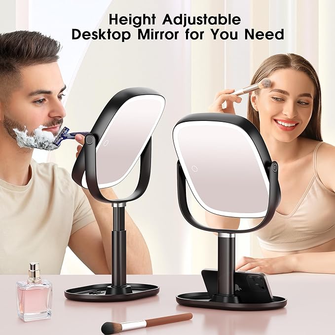 Makeup Mirror with Lights - 10x/1x Magnifying Mirror with Light, Rechargeable Desk Mirror with 3-Color Lighting & Memory Function, 360° Adjustable Table Mirror, Gift for Women (Black)