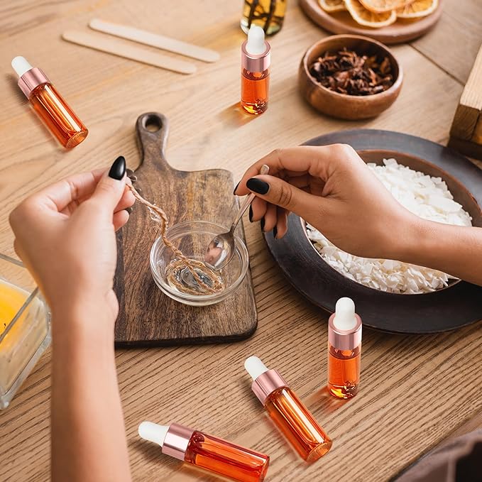 100 Pcs Mini Glass Oil Dropper Bottle Bulk, Clear Essential Small Empty Bottles Sample Containers Perfume Liquid Vials with Cap for Traveling (5 ml,Pink Body)