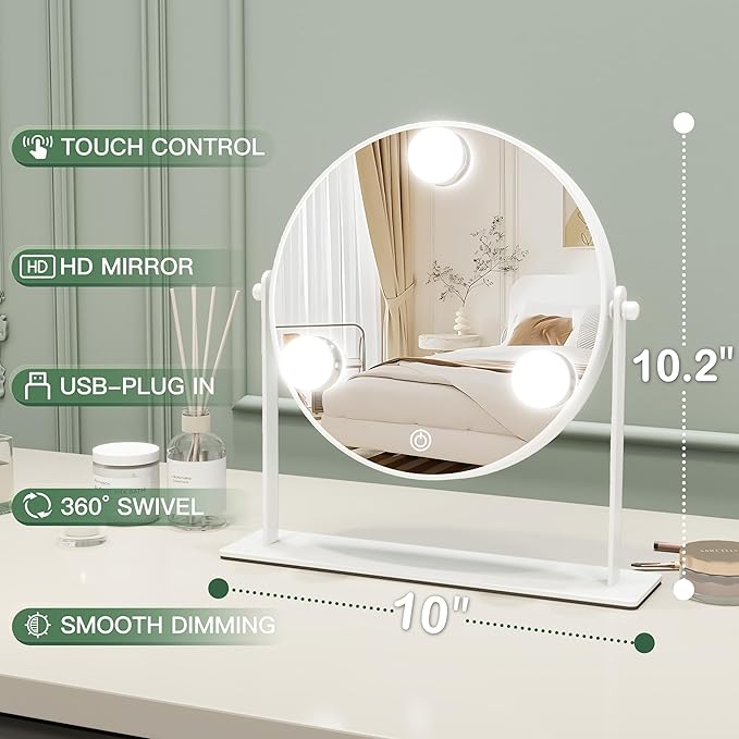 10"x10" Lighted Makeup Mirror, Hollywood Vanity Mirror with 3 Dimmable LED Bulbs, Dimmable Touch Screen, Light up Mirror, Portable Travel Mirror, 360° Rotation, White