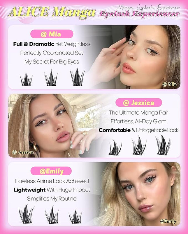 ALICE Manga Lash Clusters Kit Clear Band Natural Lash Extensions Kit 5-14mm Wispy Cluster Eyelash Extension Kit DIY Invisible Band Individual Cluster Lashes with Spiky Bottom Lashes Bond and Seal