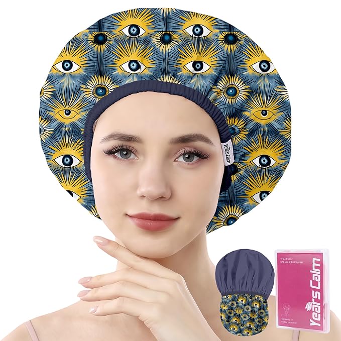 Years Calm Evil Eye Shower Caps for Women Reusable Waterproof, Pattern and Solid Color Dual-Layer Design, Hair Cap for Shower with Elastic Band, Fits Braids, Dreadlocks & Long Hair (Royal Blue)