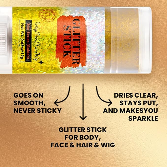 MEICOLY Gold Face Body Glitter Stick,Music Festival Accessories Outfits for Women,Sparkle Glitter Makeup for Face/Body/Hair/,Hair Glitter for Kids,Mardi Gras Accessories,Fine Glitter