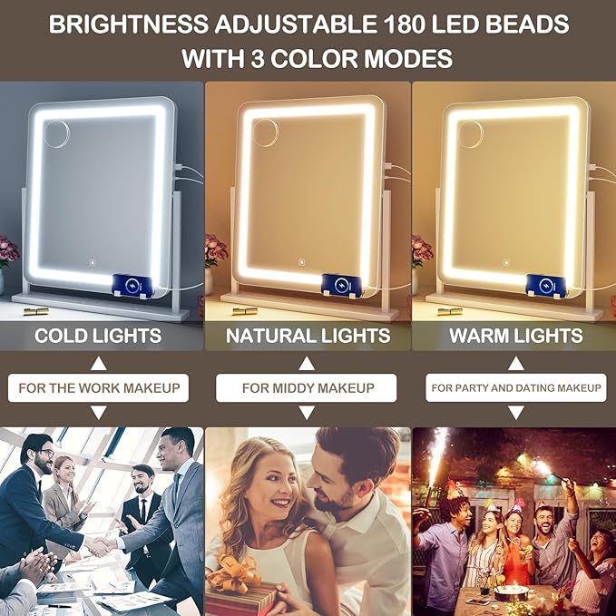 Lighted Makeup Mirror, Hollywood Vanity Mirror with Lights, Three Color Lighting Modes, and Detachable 10X Magnification Mirror, Smart Touch Control, 360°Rotation (15.2in. Gold)