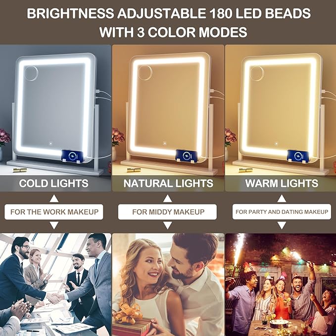 Lighted Makeup Mirror, Hollywood Vanity Mirror with Lights, Three Color Lighting Modes, and 5X Magnification Mirror, Smart Touch Control, 360°Rotation (17.2in. White)