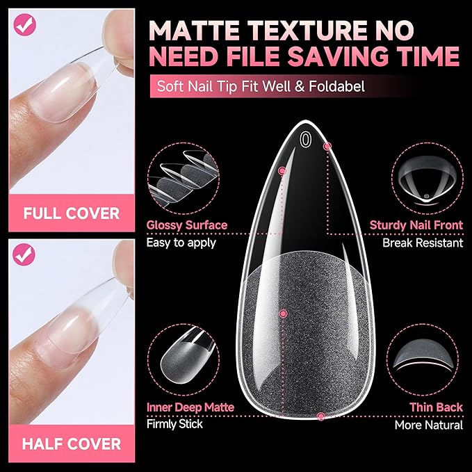 UNA GELLA Stiletto Gel Nails Press On Halloween 504Pcs Medium Almond Stiletto Clear Gel Nail Tips Full Cover Pre-matte Fake False Acrylic Nails for Nail Extensions Home Art Salon 12 Sizes