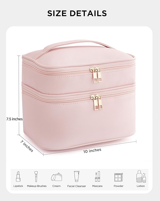 Makeup Bag for Women X-Large Travel Makeup Bag Organizer Portable Toiletry Bag Cute Makeup Bags Waterproof Leather Cosmetic Bag Makeup Case with Removable Dividers, Pink