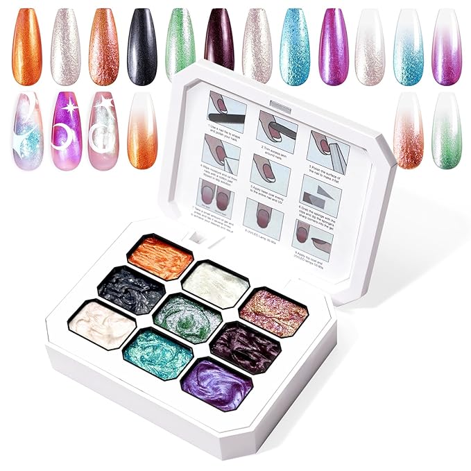Gradient Painting Gel, 9 Colors Glitter Gold Silver Ombre Gel Nail Polish for Pigment Pat Nails Aura Nails, French Manicure DIY Nail Art Long-lasting No-wipe Palette Cosmic Jewels