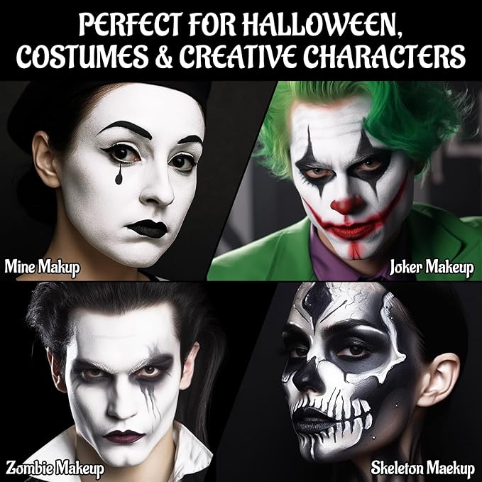 BOBISUKA Halloween Black and White Face Body Paint Set Oil Based Face Painting Kit for Adult Non Toxic Large Capacity Facepaint for Cosplay Clown Skeleton Vampire Special Effects Makeup