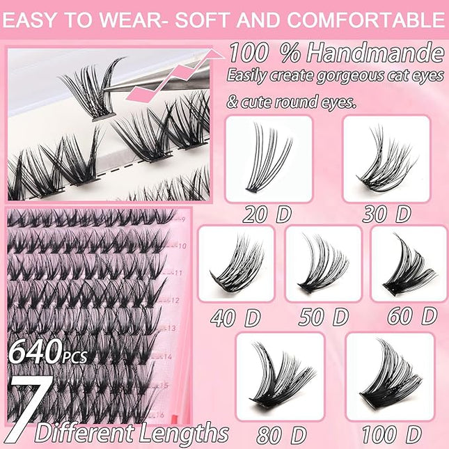 Manga Lash Clusters, 640 Pcs Eyelashes Clusters Extensions 9-16mm Individual Lashes D Curl Fluffy Wispy False Eyelashes Thin Band (50D&60D)