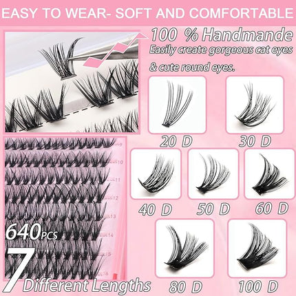 Lash Clusters Kit, 640 Pcs Eyelashes Cluster Extensions Kit 9-16mm Flufffy Individual Lashes 30D-60D D Curl False Eyelashes with Thin Band Match Tools for DIY (30D+40D Kit 9-16mm)