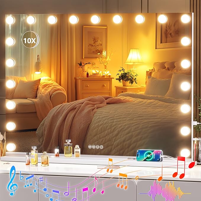 Hasipu Vanity Mirror with Lights and Bluetooth Speaker, 40" x 29" Hollywood Makeup Mirror with 21 Dimmable Bulbs and 10X Magnification, 3 Colors Modes, USB Charging Port, Type-C (White)