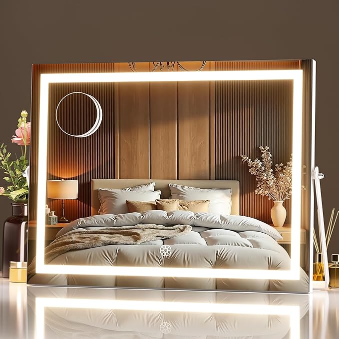 MINISO Vanity Mirror with Lights, 13.8" x 11" LED Makeu Mirror, Light & Brightness Adjustment, Smart Sensor, 360°Rotation, Aluminum Alloy Metal White Frame, with 5X Magnifying Glass